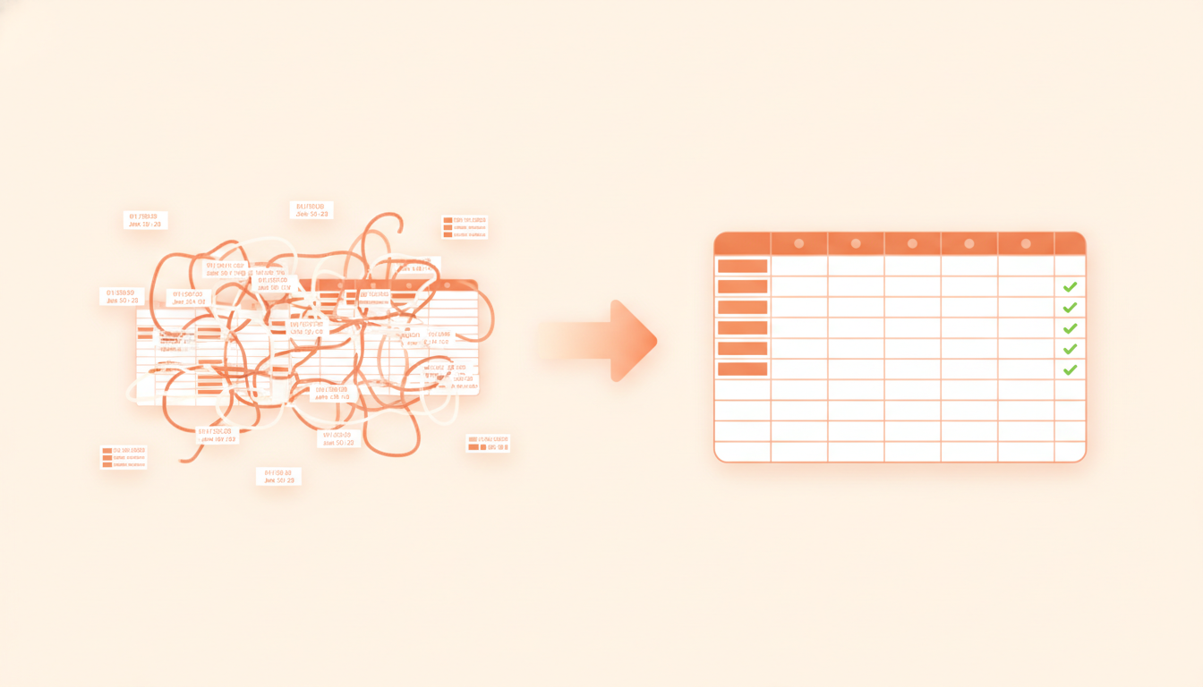 Ilustrasi data Excel berantakan ditransformasi jadi tabel rapi dengan bantuan AI