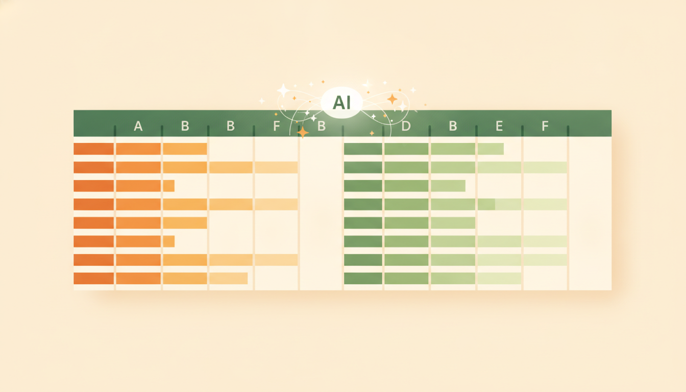 Ilustrasi spreadsheet Excel dengan conditional formatting: baris sel berwarna oranye, kuning, dan hijau menunjukkan data bar serta color scale, dengan efek AI sparkle