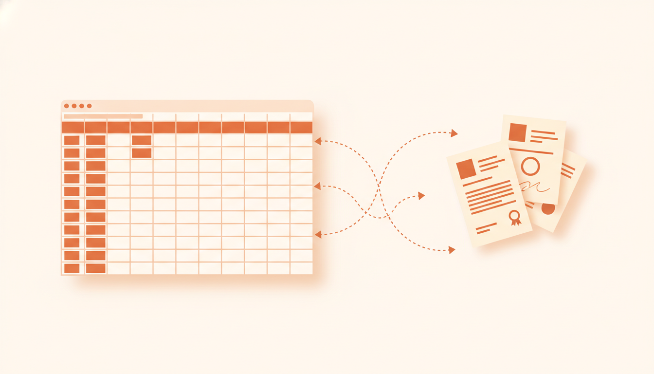 Ilustrasi mail merge dari spreadsheet Excel ke dokumen Word menghasilkan banyak surat dan sertifikat personal